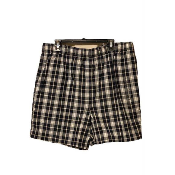 Bay Fashion Men's L 36-38 Black Gray Tan Plaid Shorts Elastic Stretch Waist - Picture 1 of 7